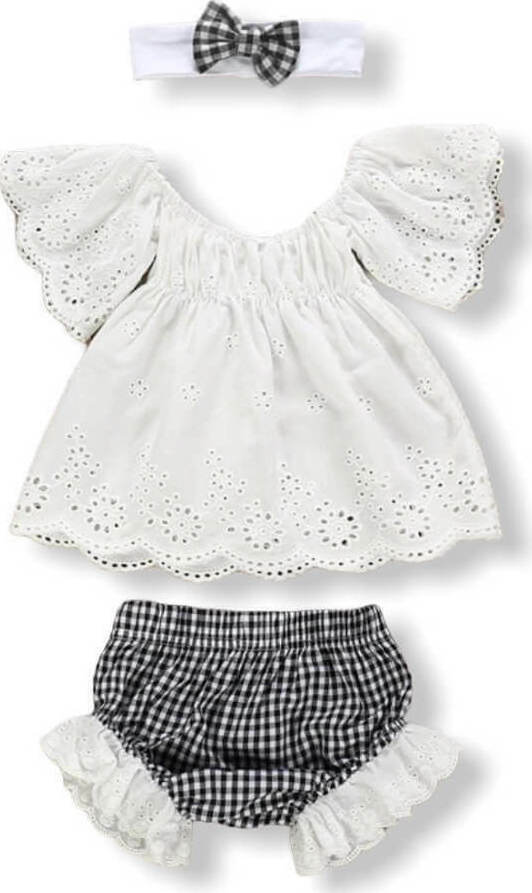 Lace Baby Girl Set - Check Black + White