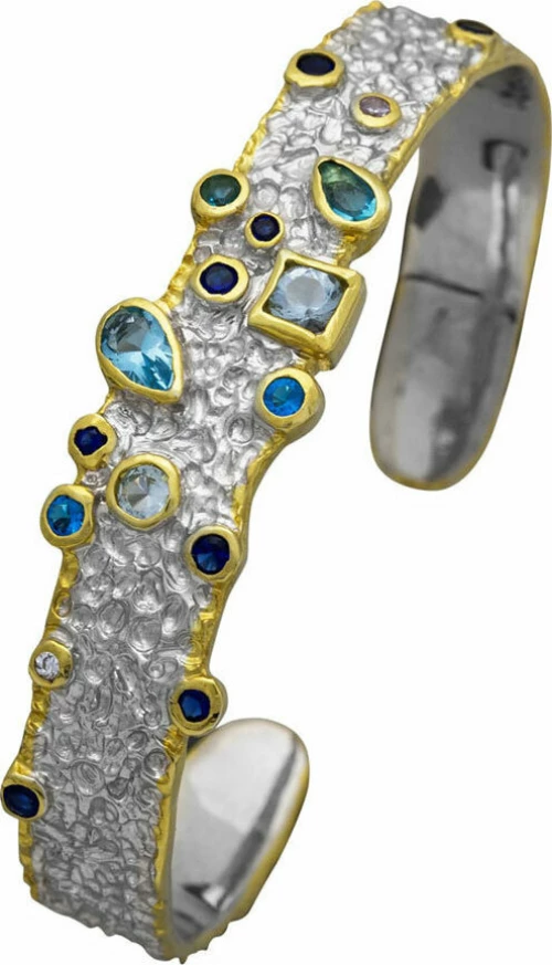 Χειροποίητο ασημένιο βραχιόλι 925ο με ασημί και χρυσή επιμετάλλωση και ημιπολύτιμες πέτρες (ζιργκόν) ENG-TB-1801
