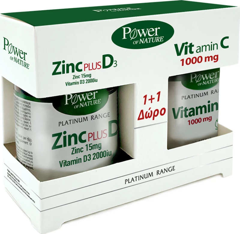 Power Of Nature Platinum Range Zinc Plus D3 15mg/2000iu 30 ταμπλέτες & Vitamin C 1000mg 20 ταμπλέτες