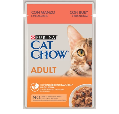 Purina Cat Chow Adult Βοδινό & Μελιτζάνες σε Ζελέ 85gr 10τμχ