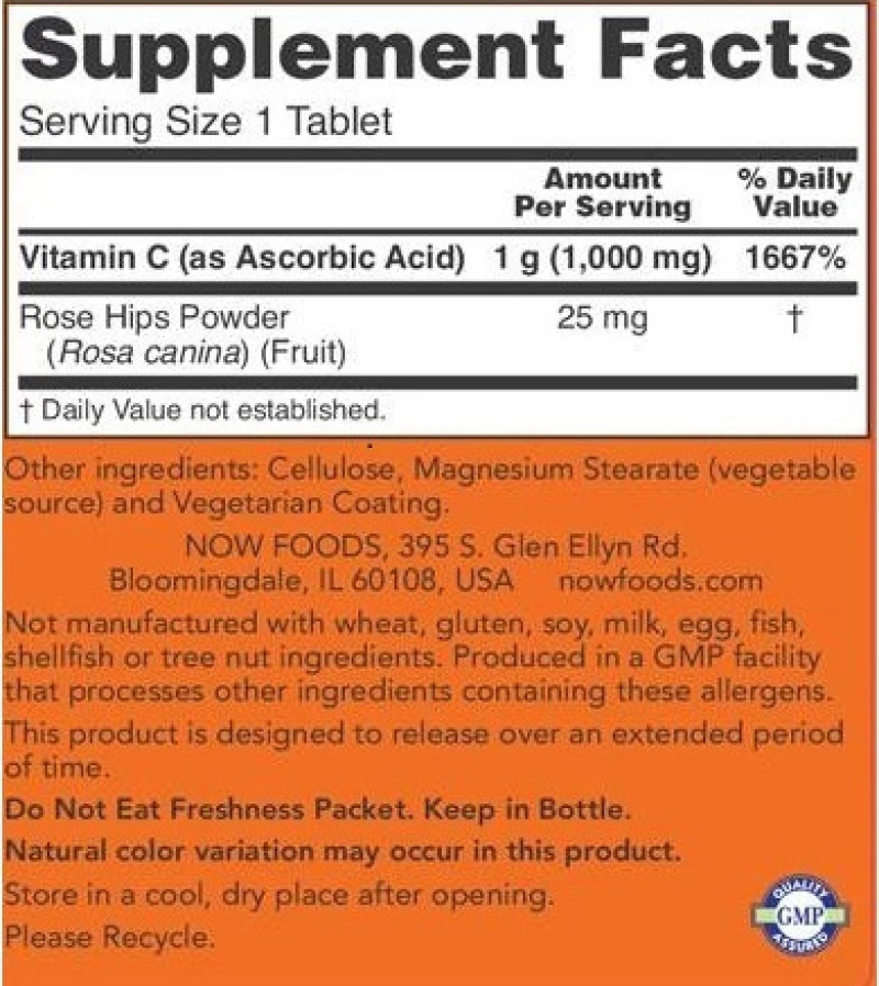Now Foods Vitamin C-1000 Sustained Release Antioxidant Protection With Rose Hips 1000mg 100 ταμπλέτες