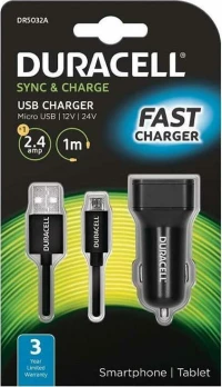 Φορτιστής Αυτοκινήτου Duracell Με Έξοδο Usb 2.4A & Καλώδιο Micro Usb 1M Μαύρο