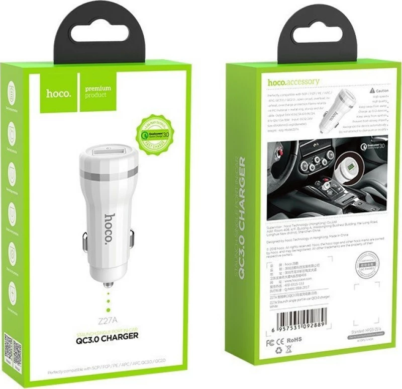 Φορτιστής αυτοκινήτου Hoco Z27A 1.5Ah quick charge 3.0 usb white