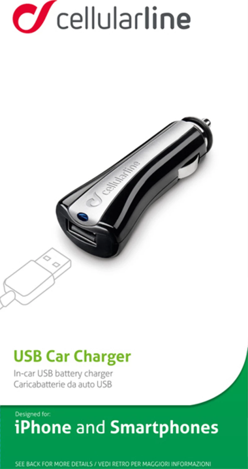 Cellularline Usb Car Charger For Iphone, Samsung And Smartphones 5W/1A (Cbrusbccbk)